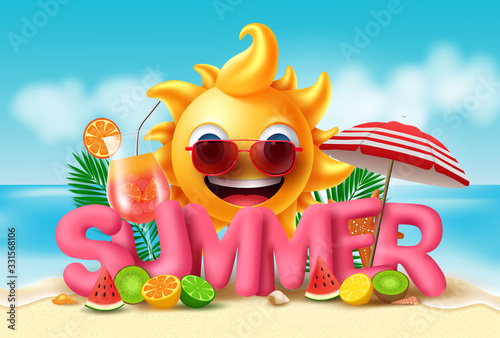 Summer vector banner design. Summer in pink 3d text with smiling sun and tropical fruits like water melon, orange, kiwi, lemon, lime and fresh juice in beach seaside background. Vector illustration.  