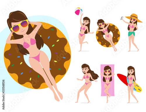 Female summer character vector set.  Woman characters in different summer activities like floating using floater donuts, playing beach ball, sun bathing and surfing isolated in white background. 