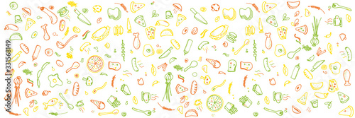 Colorful food doodle background for wide banner on white background