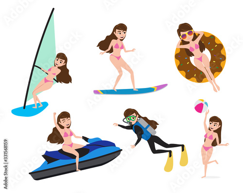 Summer activity woman characters vector set.  Female character in summer water sport adventure like jet skiing  surfing  scuba diving and water floating isolated in white background. 