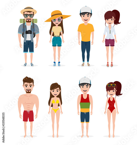 Summer characters vector set. Tourist character wearing travel and summer outfit in standing pose for vacation season isolated in white background. Vector illustration.   