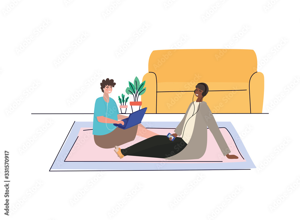 Boy with smartphone and laptop at home vector design