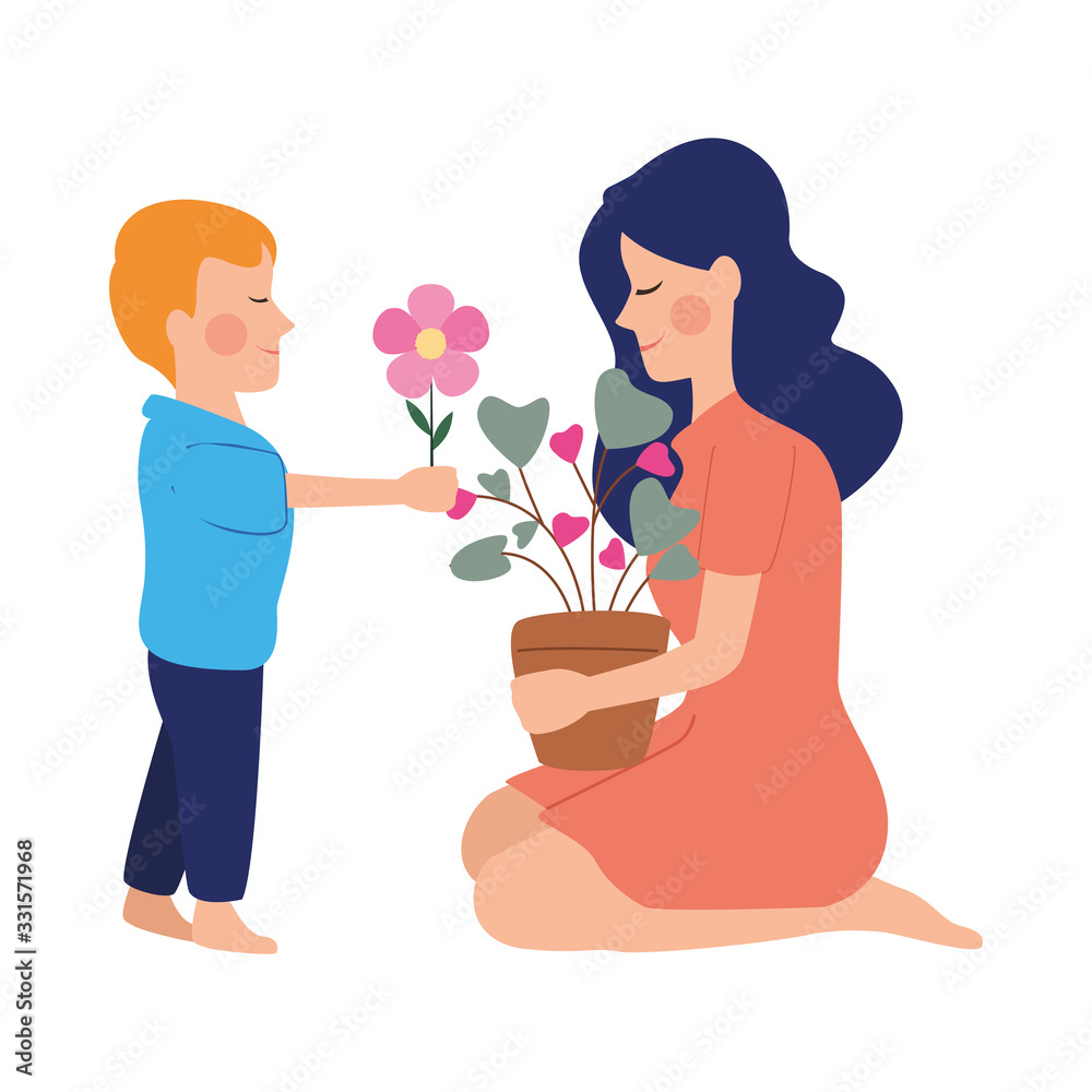 beautiful mother with son giving houseplant characters beautiful mother with son giving houseplant characters