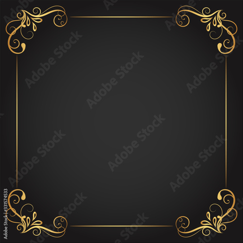 Vintage floral ornament border, Hand drawn decorative element, vector illustration of gold floral frame with black background, Retro design template for page decoration cards, wedding, banner