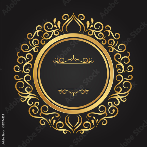 Vintage floral ornament border, Hand drawn decorative element, vector illustration of gold floral frame with black background, Retro design template for page decoration cards, wedding, banner
