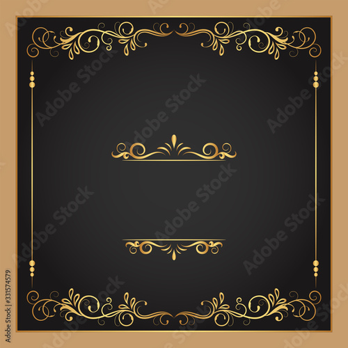 Vintage floral ornament border, Hand drawn decorative element, vector illustration of gold floral frame with black background, Retro design template for page decoration cards, wedding, banner
