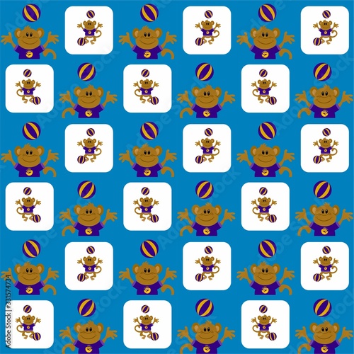 Monkeys Play Ball with Purple Clothes Cute Illustration, Cartoon Funny Character, Pattern Wallpaper