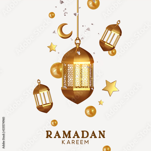 Ramadan Kareem. Background design is arabian vintage decorative hanging lamp with glitter confetti. Decoration light lantern, gold stars and golden crescent moon. vector illustration