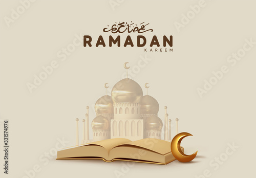Ramadan Kareem Background. The Qur'an is the holy book of Muslims. Mosque building realistic 3d design. Vector illustration