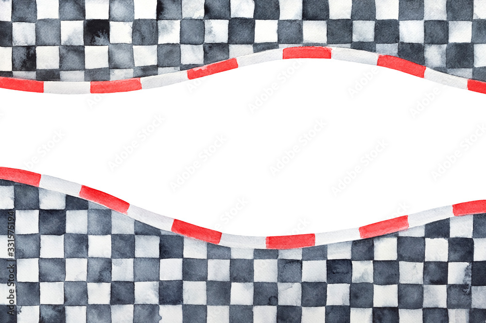 Obraz premium Water color background of waving checkered borders with artistic stains and grungy marks. Hand painted watercolour sketchy drawing. Creative backdrop for design, sport event print, web site header.
