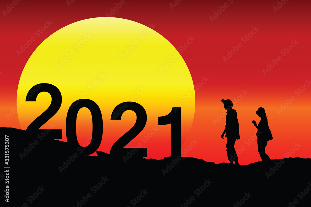Two young silhouettes step into the year 2021 in the midst of the big sun. Illustration Two young silhouettes step into the year 2021 in the midst of the big sun. Illustration