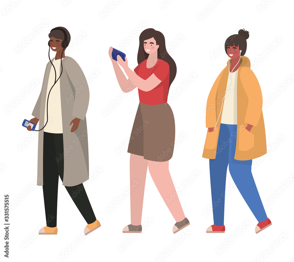 Fototapeta premium Boy and girls with smartphones vector design
