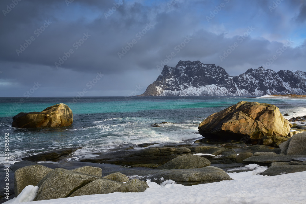 Storm on the sea coast, Lofoten Islands, Norway