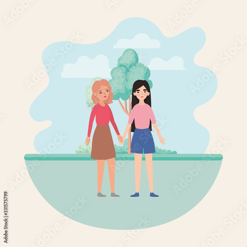 Women holding hands tree and clouds vector design