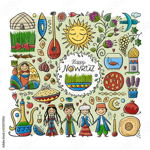 Nowruz, holiday of arrival of spring. Holiday symbols, people, food, customs and traditions. Gift card design