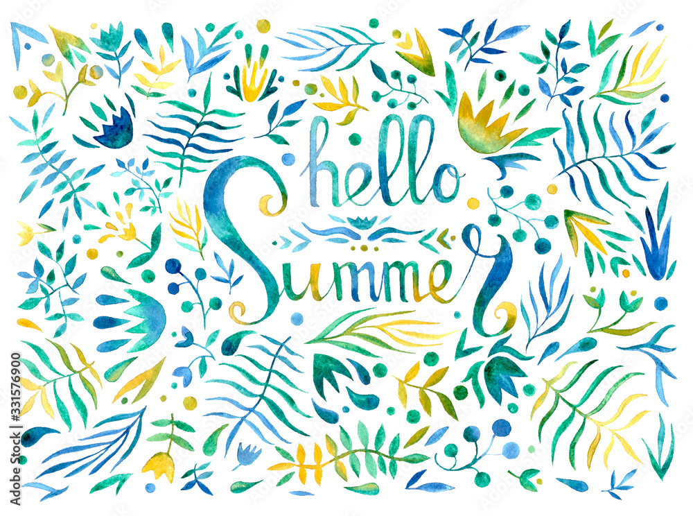 Hello Summer banner, poster template with spring flowers. Frame with contour green and blue leaves on white background. Watercolor painting for design with text. Hello Summer banner, poster template with spring flowers. Frame with contour green and blue leaves on white background. Watercolor painting for design with text.