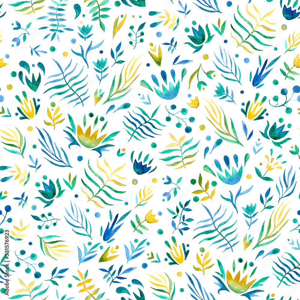 Seamless pattern of hand made watercolor leaves and flowers. PolkaDot background with cute watercolor elements for design, nursery, baby and kids products