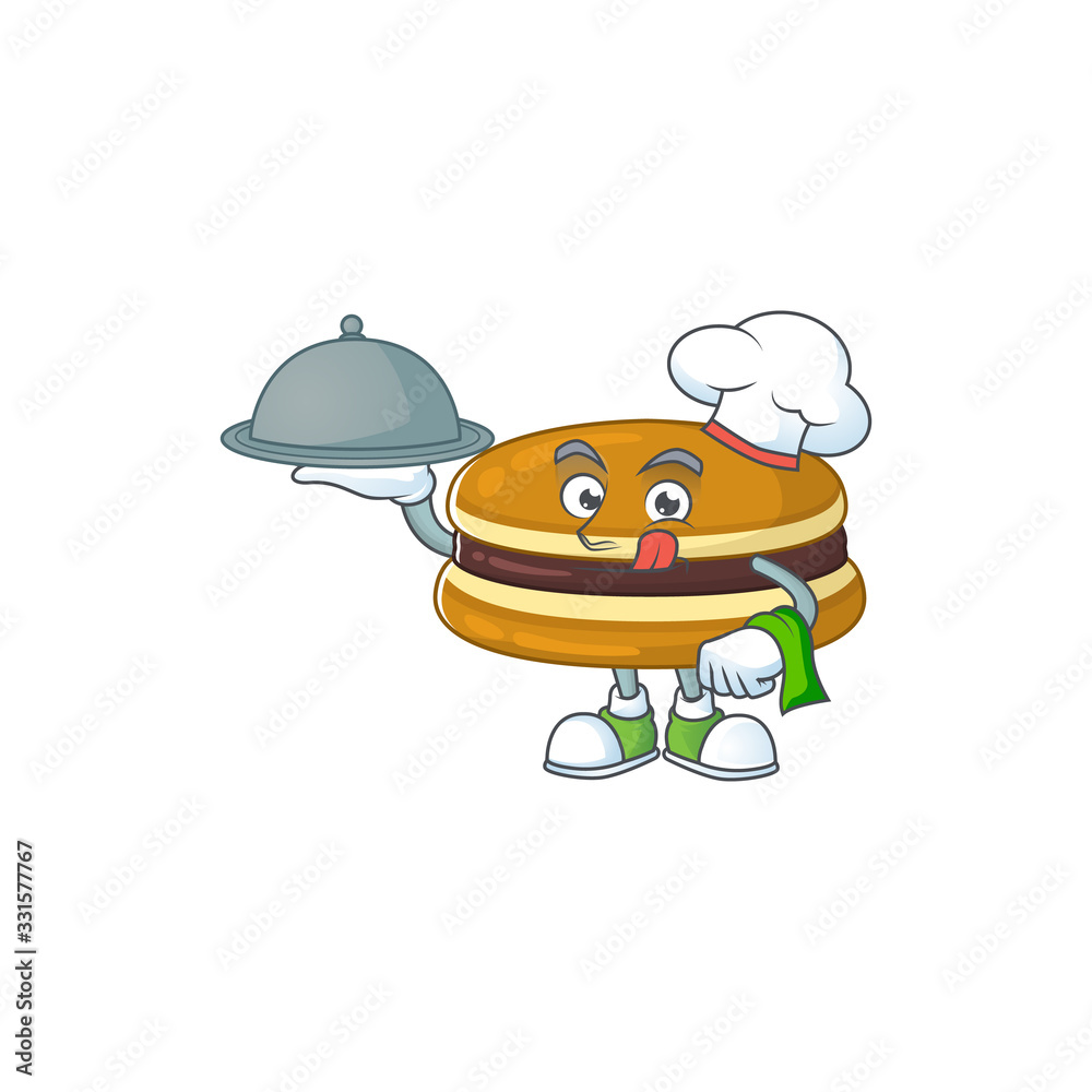chef cartoon character of dorayaki with food on tray