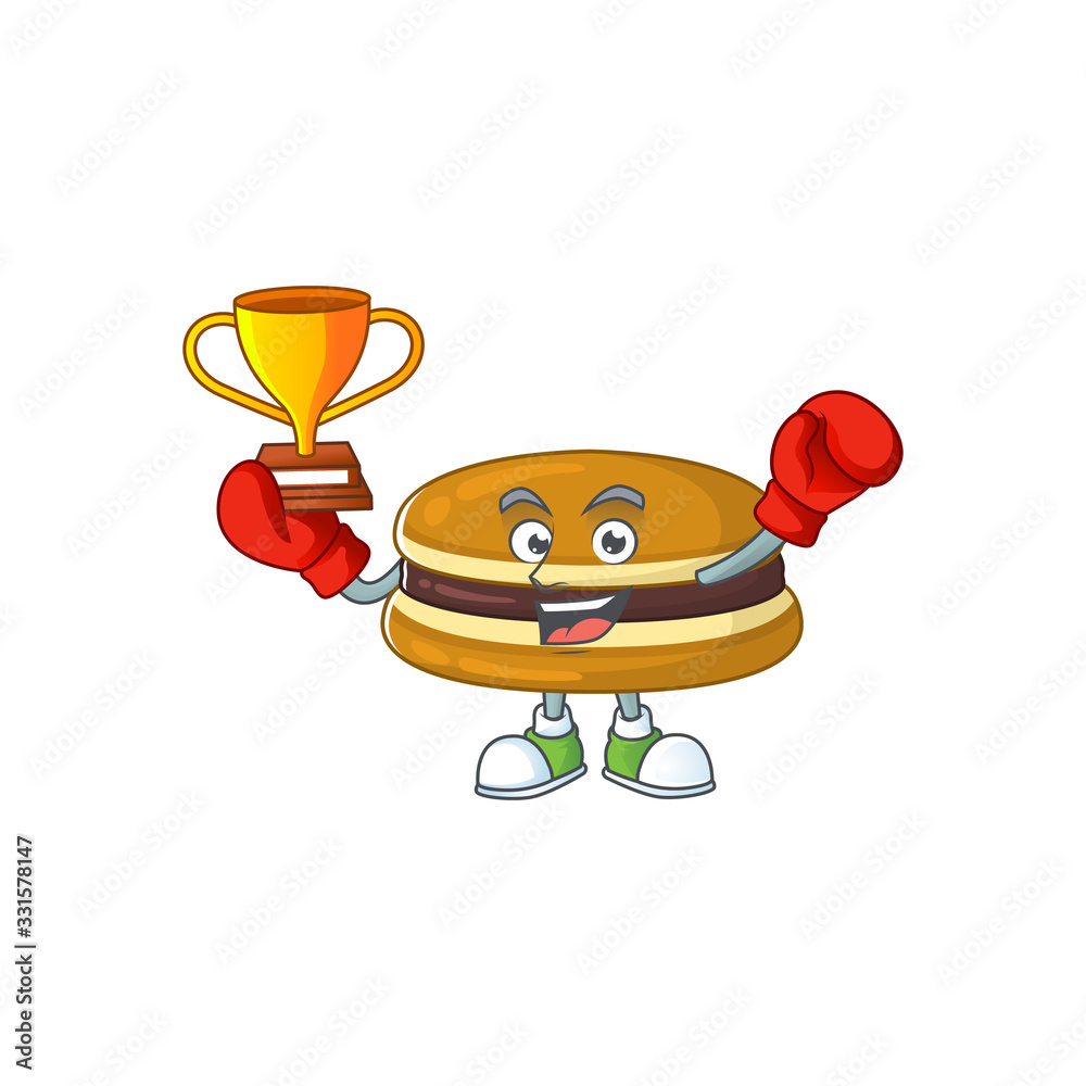Happy face of boxing winner dorayaki in mascot design style Happy face of boxing winner dorayaki in mascot design style