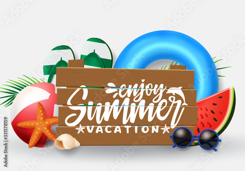 Summer vector banner design. Summer vacation typography in wood space for text with beach elements like floaters, beach ball, flipflop and sunglasses in white background. Vector illustration. 