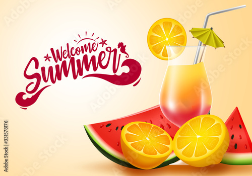 Summer fruit vector banner design. Welcome summer greeting text with tropical fruits like watermelon and fresh lemon juice elements in yellow background for holiday season. Vector illustration. 
