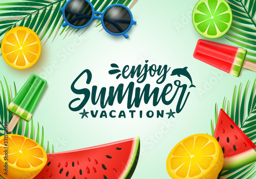 Summer text vector background template. Summer vacation typography with tropical elements like watermelon, lemon, popsicle and palm leaves in green background. Vector illustration. 
