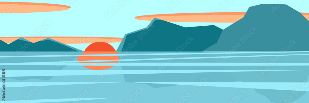 Vector sea view with island,sun and sky. Vector sea view with island,sun and sky.