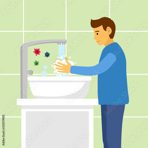 A man washing his hands in the sink concept vector illustration. Washing hands under faucet with soap and water. Virus and bacteria prevention healthcare in flat design.
