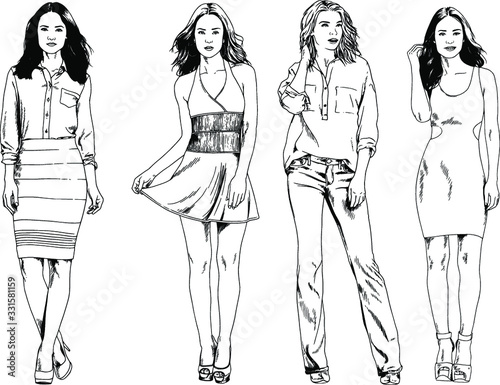 vector drawings on the theme of beautiful slim sporty girl in casual clothes in various poses painted ink hand sketch with no background