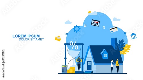 Website or landing page of Mortgage vector illustration. Flat tiny house purchase debt persons concept. Buy real estate and pay credit to bank. 
