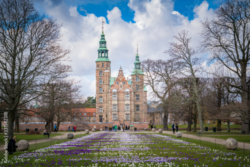 Beautiful crocus flowers in the garden. Sign of spring, Rosenborg slot, Copenhagen, Denmark