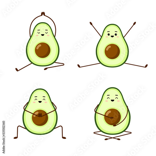 Avocado yoga. Set of cute avocado characters on white background. Yoga for pregnant women. Morning exercises for children. Funny illustration for greeting cards, stickers, fabric, websites and prints.