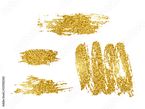 Vector set of hand drawn decorative elements with gold glitter texture for design. Brush strokes grunge design elements. Collection of gold ink vector spots