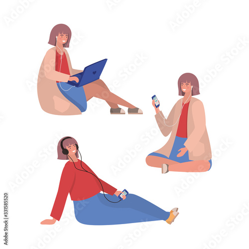 Girls with smartphones and laptop vector design