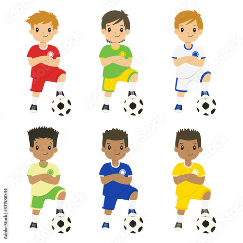 happy boys wearing soccer jersey with different colors, arm crossed and left foot on a soccer ball.  Boys wearing soccer jersey vector set.