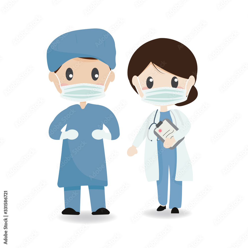 cute young doctors couple with face mask on corona virus safety eps10 vectors illustration