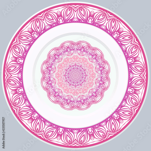 decorative plates for interior design. Empty dish, porcelain plate mock up design. Vector illustration. Decorative plates with Mandala ornament patterns. Home decor background