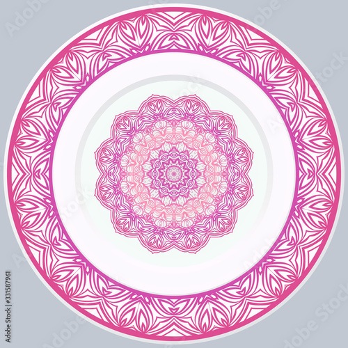 decorative plates for interior design. Empty dish, porcelain plate mock up design. Vector illustration. Decorative plates with Mandala ornament patterns. Home decor background