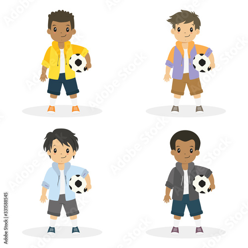happy boys holding a soccer ball, cartoon vector set.