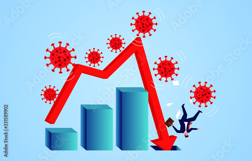 Globally spread new coronavirus pneumonia covid-19 causes business chart arrow drop hits businessman, pneumonia virus plague disaster leads to economic downturn
