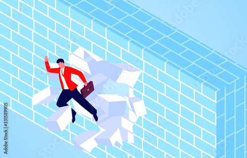 Businessman broke through the wall and broke out
