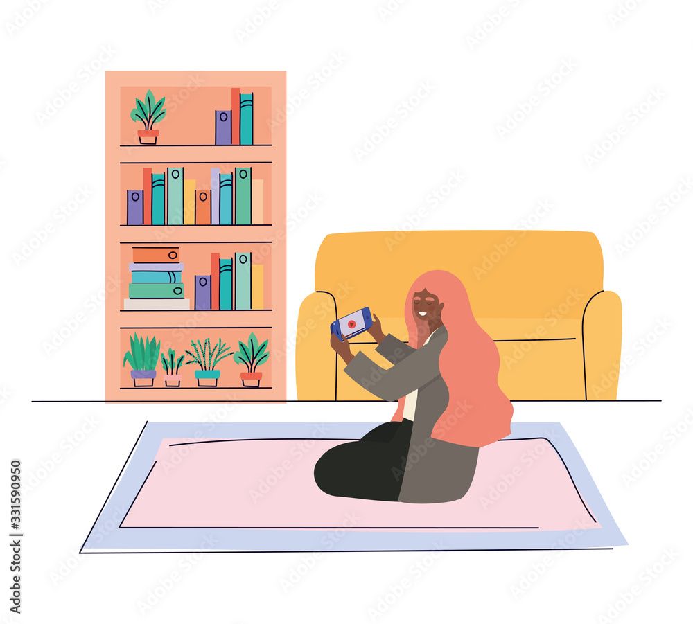 Girl with smartphone at home vector design