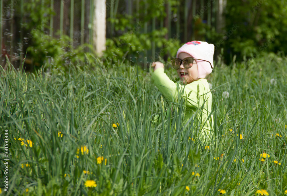 Little girl in a cap collects yellow dandelions in a clearing Little girl in a cap collects yellow dandelions in a clearing