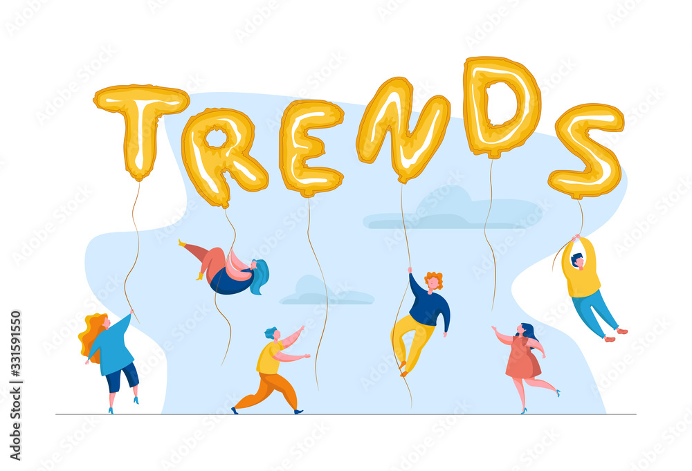 Сhasing trends. Popular content searching. Conceptual illustration of tiny people hanging on giant balloons lettering «Trends». Vector modern illustration. Сhasing trends. Popular content searching. Conceptual illustration of tiny people hanging on giant balloons lettering «Trends». Vector modern illustration.