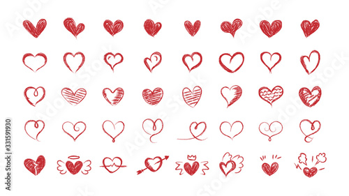 Set of red hearts. Hand drawn hearts. Vector illustration.