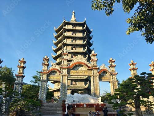 Reclining buddha and exterior pagoda of Linh Ung pagoda temple (Guanyin Buddha) in Danang, Vietnam