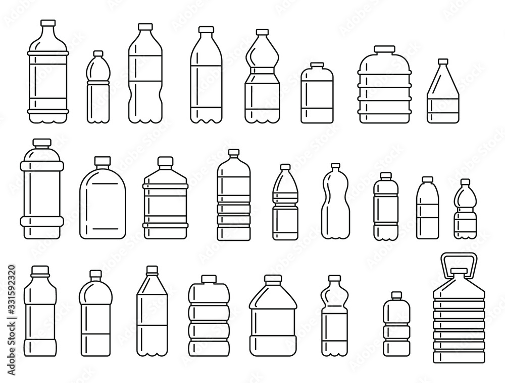 Plastic bottles for water outline icons set. Vector Plastic bottles for water outline collection isolated on white background for web and advertising - obrazy, fototapety, plakaty 