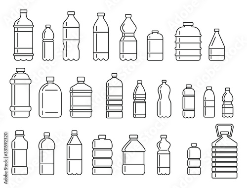 Plastic bottles for water outline icons set. Vector Plastic bottles for water outline collection isolated on white background for web and advertising photo