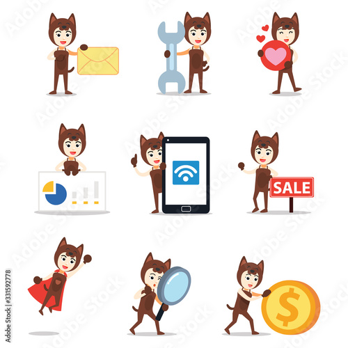 Set character of happy smiling woman dog trainee.