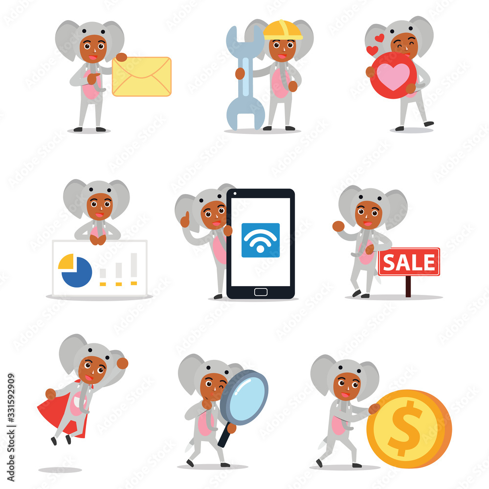 Set character of smiling man with grey elephant costume. Set character of smiling man with grey elephant costume.